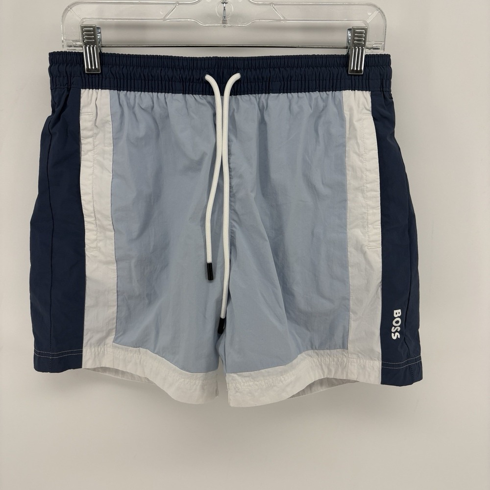 Hugo Boss Beach Swim Trunks Men M Blue Colorblock Mesh Lined Drawstring Shorts